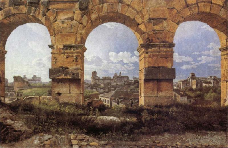 Christoffer Wilhelm Eckersberg View through three northwest arches of the Colossum in Rome,Storm gathering over the city Norge oil painting art
